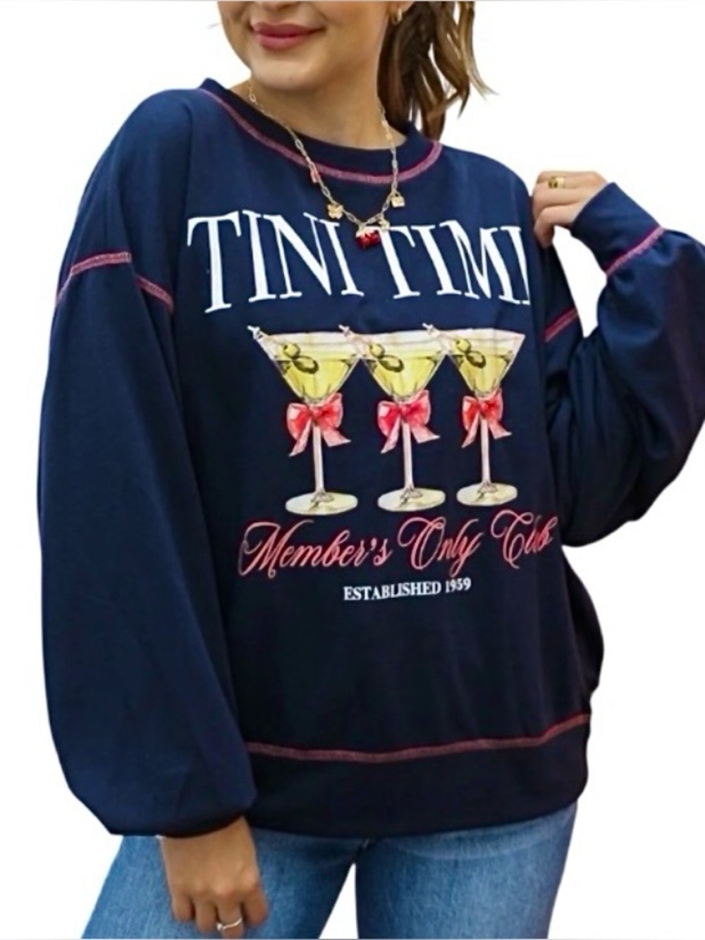 FANTASTIC FAWN MSRP $60 Martini Clubhouse Oversized Pullover in Navy w/Red Seam